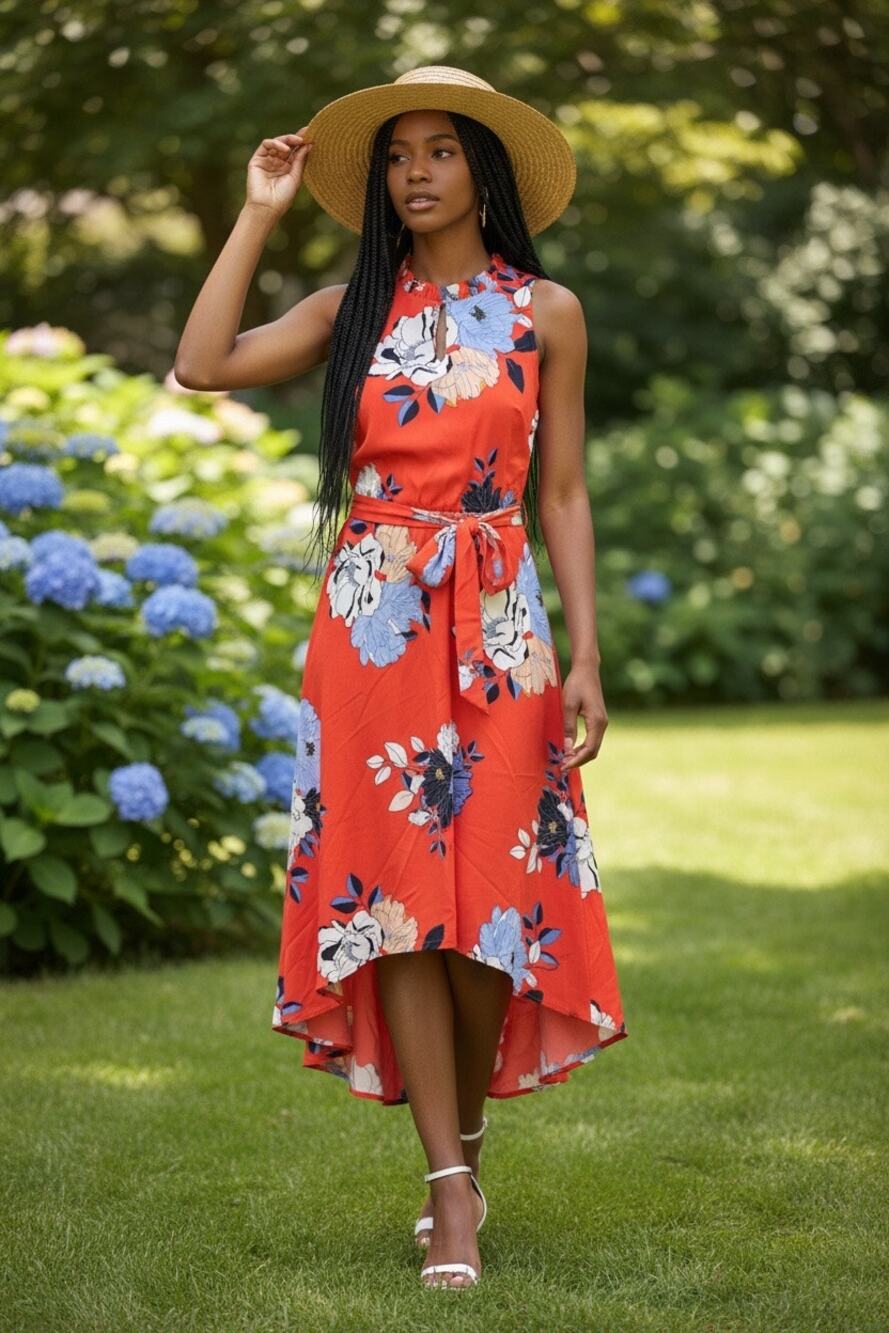 Rachel Rachel Roy Dress Medium Red Floral Surplice V Neck Belted Midi Pockets